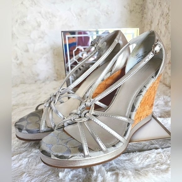 Coach Shoes - NWOT Coach Silver Joslin Silver Leather & Cork Wedges Sz 10